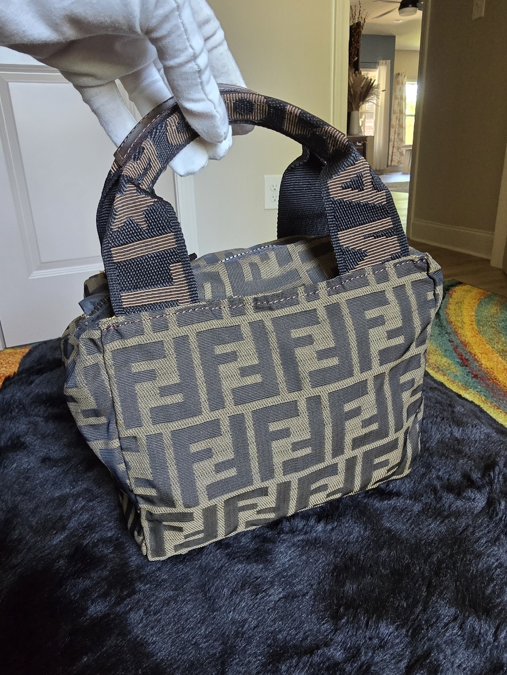 Authentic Fendi Beige and Brown FF Logo Canvas Mini Handbag